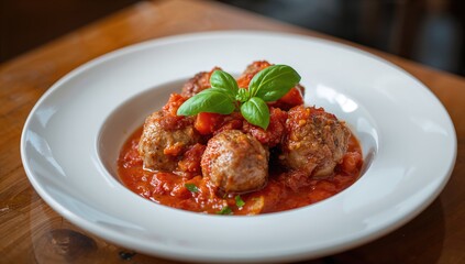 Fototapeta premium Organic tomato and meatballs served on a dish, focusing on health and gourmet cuisine