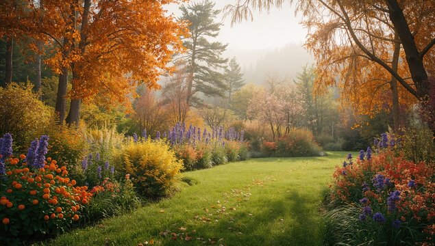 Autumn floral scenery with trees and grass in a natural setting