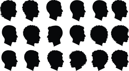 Human head profile silhouettes, diverse hairstyle icons, male and female side view, black people symbols, hairstyle design set, cultural profile illustration