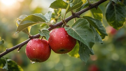 Two red orbs. A study in fruit, light and texture, a nature scene of freshness.