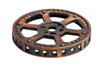 Vintage black metal wheel with decorative cutouts showcasing rustic charm against a transparent background