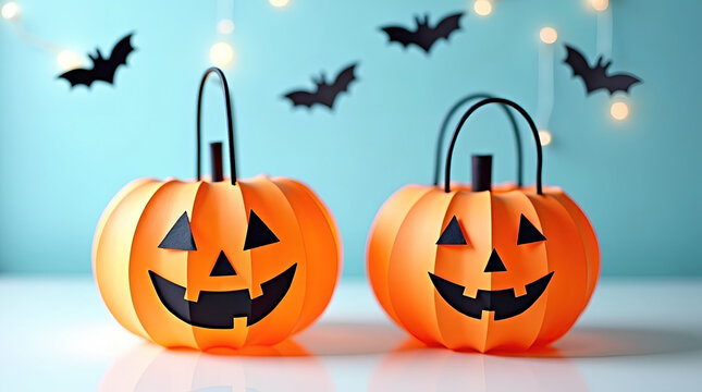Cheerful Halloween pumpkins with smiling faces on table, festive decor with bats and string lights on pastel background