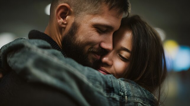 A couple shares a tender emotional embrace at an airport a poignant moment of goodbye or welcome - Powered by Adobe