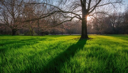 Obraz premium Shadow of a tree cast on vibrant green grass during spring season