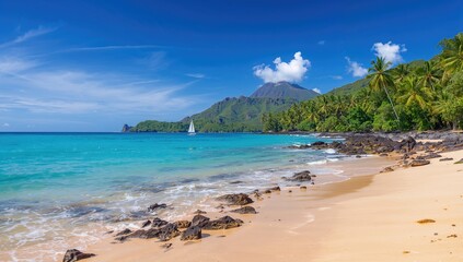Fototapeta premium Beach with Volcanic Sand in a Tropical Setting