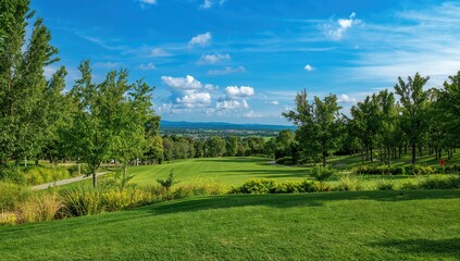 Obraz premium Verdant Golf Course Surrounded by Natural Splendor