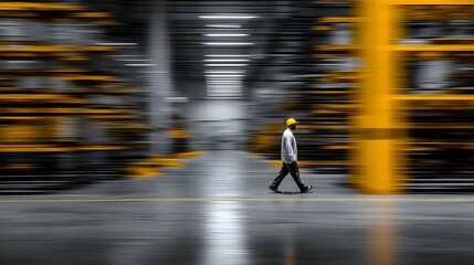 Industrial worker wearing safety gear traverses a brightly colored warehouse aisle with motion blur effect