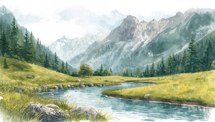Fototapeta premium Watercolor landscape of a forested mountain gorge with flowing water and grassy terrain during a vacation