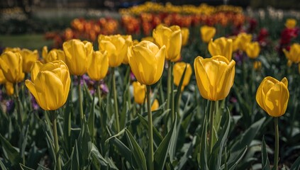 Fototapeta premium Stunning yellow tulip blooms in a garden during springtime, aerial perspective