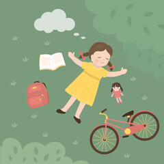 Top view of cute girl lying down on green lawn. Little kid lying on grass dreamily. Various items near kid - bicycle, doll, backpack and book.