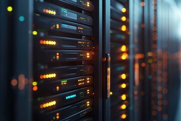 Naklejka premium Futuristic data center server racks with glowing lights, showcasing advanced IT infrastructure and cloud computing environment ideal for technology presentations or AI network concepts