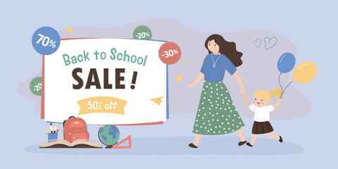 Back to School, sale and discount, banner with stationery. Mother and girl student walking shopping before school. Promotion poster with school supplies. Special offer, discount