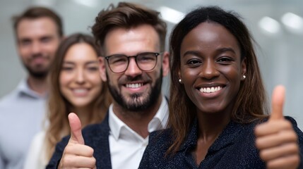 A diverse group of professionals smiling and giving thumbs up in an office setting conveying success and teamwork