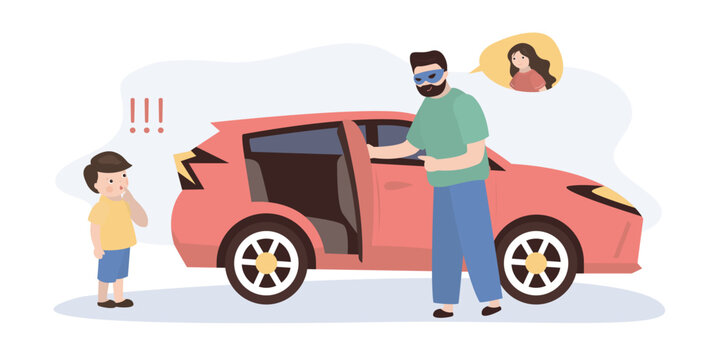 Stranger lures child into car. Keep away from strangers - Rule. Kidnapper Character Entices Child. Teach kids to never accept gifts, not talking,