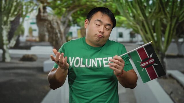Young asian man in a green volunteer shirt holds a kenyan flag in an urban outdoor setting with trees lining the background, expressing a look of curiosity.
