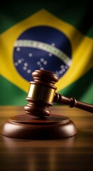Wooden gavel with brazilian flag in background symbolizing justice system