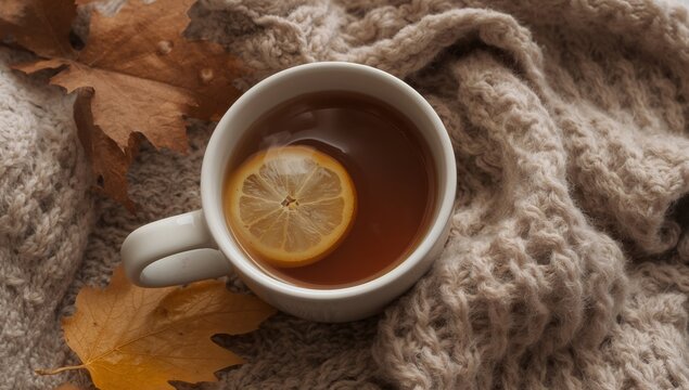Warmth in Beige Hues. A Cup of Tea with Lemon on a Cozy Knitted Blanket.