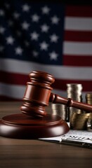 Gavel and coins with american flag background symbolizing justice and economy