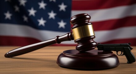 Gavel and gun on desk against blurred american flag background symbolizing justice and gun control debate