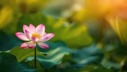 Obraz premium Green lotus backdrop featuring a pink lotus and its water reflection, with selective focus and shallow depth of field, perfect for backgrounds.
