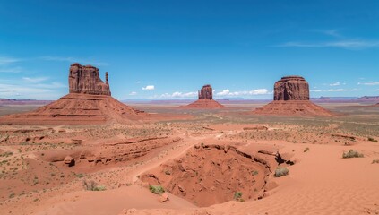 Obraz premium Scarlet stone formations under a bright sky in a sandy wilderness