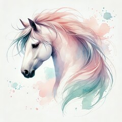 Obraz premium Watercolor Horse Portrait. Chinese Zodiac Lunar New Year Mascot. Elegant Horse Animal Head. New Year Greeting Card or Party Invitation Decoration Cute Drawn Romantic Symbol Element. 
