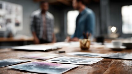 Two designers collaborating in a modern office reviewing design samples and project documents on a wooden table