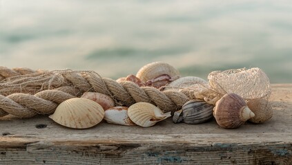 Fototapeta premium Rope and seashells arranged on weathered wooden surface, nautical theme with texture and pattern for summer and travel concepts