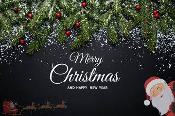 Festive Christmas and New Year holiday background with snowy fir branches, red berries, and a cheerful Santa Claus with his sleigh