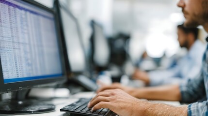 Hands typing on a computer keyboard in an office with a screen displaying financial data