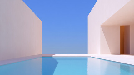 Fototapeta premium Minimal house, A minimalist courtyard house featuring a central water feature, showcased in a detailed 3D rendering.