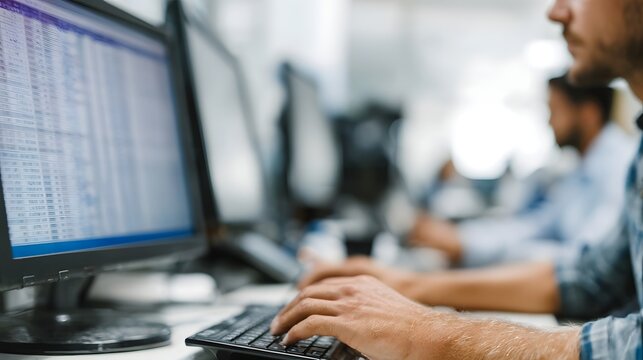 Hands typing on a computer keyboard in an office with a screen displaying financial data