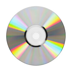 Pristine, blank, silver compact disc with clear central hub, unmarked, on seamless transparent, top-down, reflecting iridescent rainbow colors, bright studio light. Concept of optical clarity and