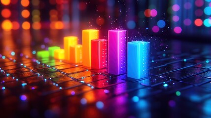 Colorful, glowing bar graph on a dark, reflective surface