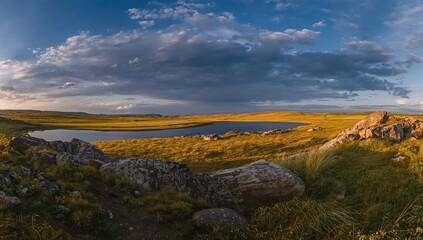 Obraz premium Breathtaking view of a rugged terrain featuring a serene lake and a beautiful sky