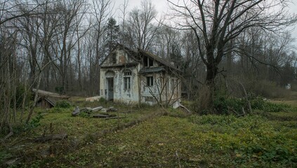 Obraz premium Ancient underground cellar in a deserted settlement, post-apocalyptic scenery during springtime in a radioactive exclusion area