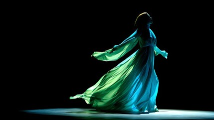 Figure in flowing garment illuminated by dramatic stage lighting against a dark background