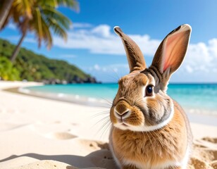 A bunny on a tropical beach with palm trees, white sand, turquoise water, and a sunny blue sky