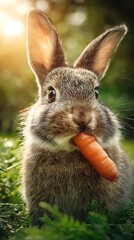 Adorable fluffy wild rabbit enjoying a vibrant orange carrot in a sun-drenched, lush green meadow, a heartwarming close-up capturing nature's charm and simple pleasures