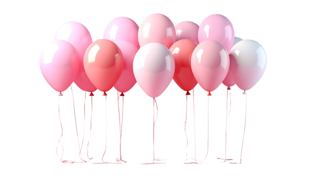 A cluster of pink and white helium balloons floats against a dark background, tied with curling ribbons