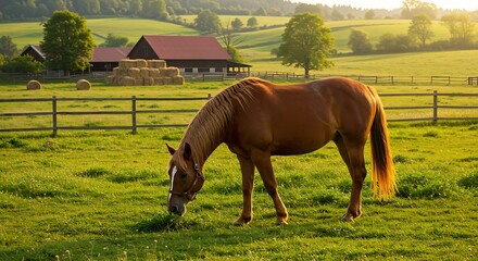 Obraz premium A chestnut horse grazes in a sunlit pasture, with hay bales and a barn in the background