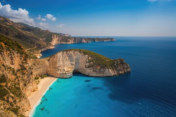 Obraz premium Aerial scenery of a coastal cove with turquoise waters and rocky shores during summer.