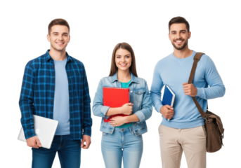 Three young caucasian students smiling, holding laptop, binder, textbook on transparent studio background, bright lighting. Concept of modern education and youth success