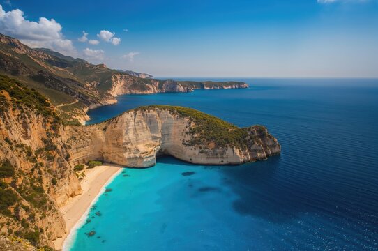 Aerial scenery of a coastal cove with turquoise waters and rocky shores during summer.