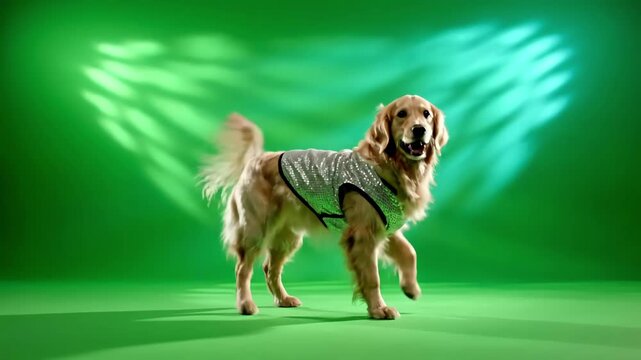 Green Screen dog dancing on a scene 4 with distortion, overlay, glitch, static noise, scan lines black background, 4k animated video loop