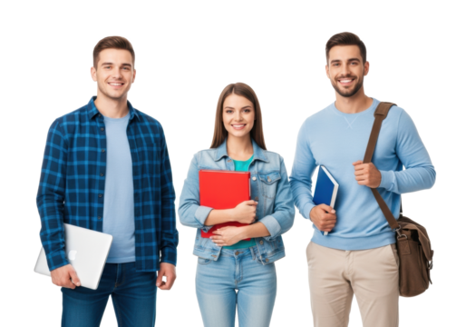 Three young caucasian students smiling, holding laptop, binder, textbook on transparent studio background, bright lighting. Concept of modern education and youth success