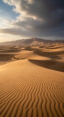 Vast desert landscape with rippling sand dunes and dramatic sky at sunset