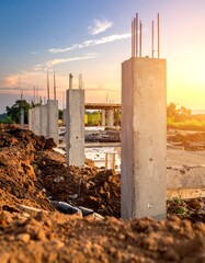 A construction site with concrete pillars and exposed rebar, set against a bright sunset