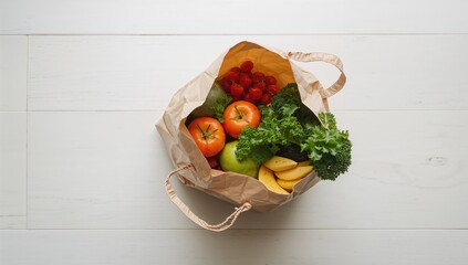 Assorted nutritious snacks in a paper sack on a white wooden surface. Overhead perspective.