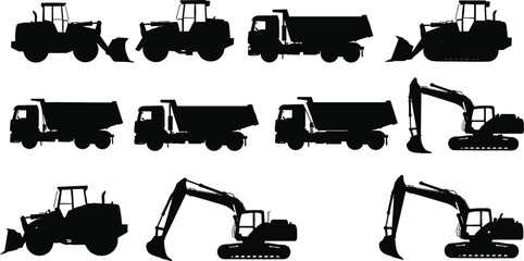 Silhouette construction vehicles, heavy machinery icons, excavator, bulldozer, dump truck, backhoe loader, front loader, industrial equipment, earthmoving machines, transportation
